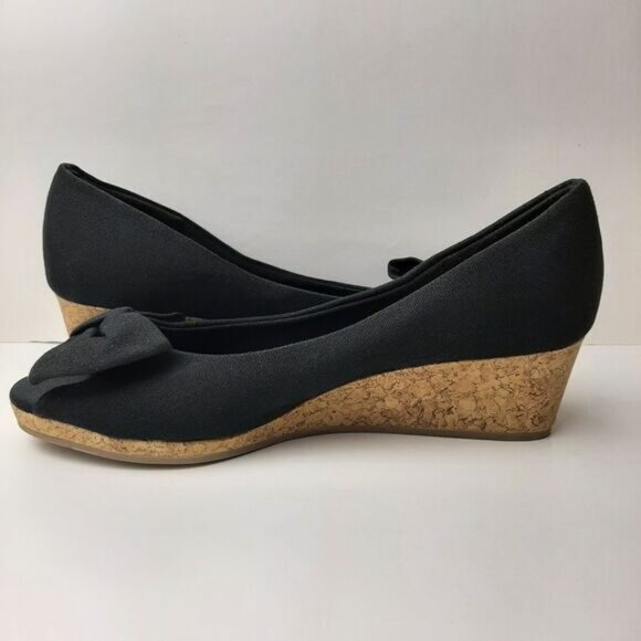 AMERICAN EAGLE AE New Peep Toe Bow Espadrille Cork Wedge Shoe Heels Black Sz 4.5 - Picture 11 of 13